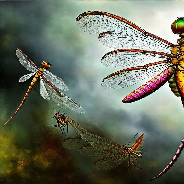 Vibrantly colored dragonflies and insect on textured background