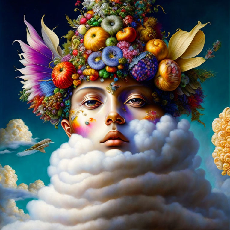 Face Emerging from Clouds with Fruit, Flower, and Feather Headdress in Surreal Art