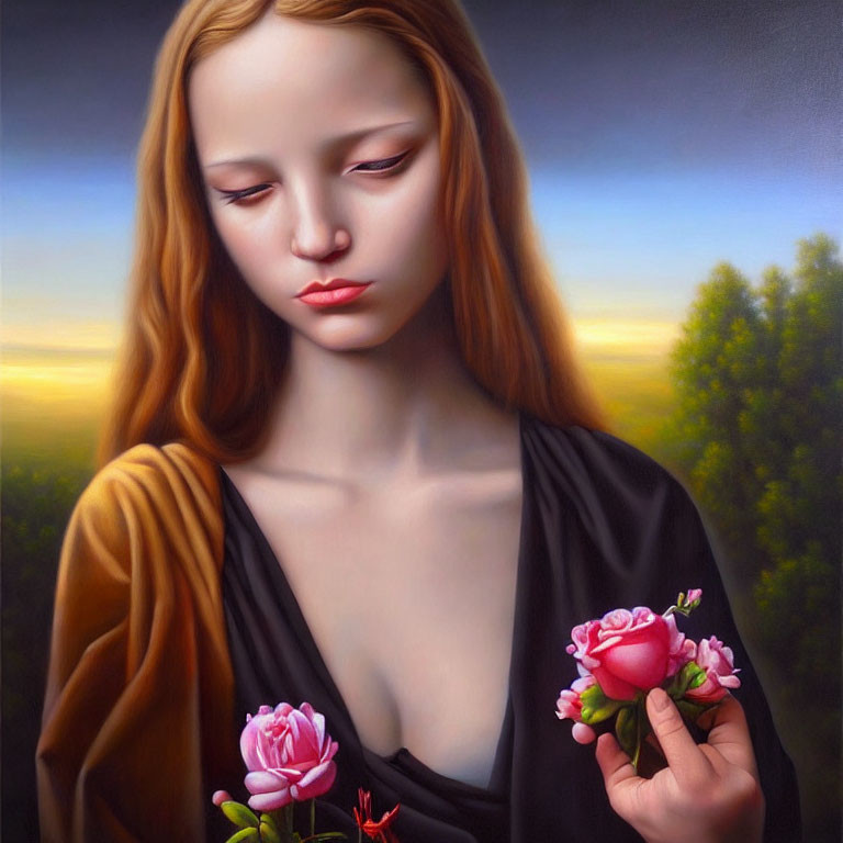 Young woman with red hair holding pink rose in twilight sky scene