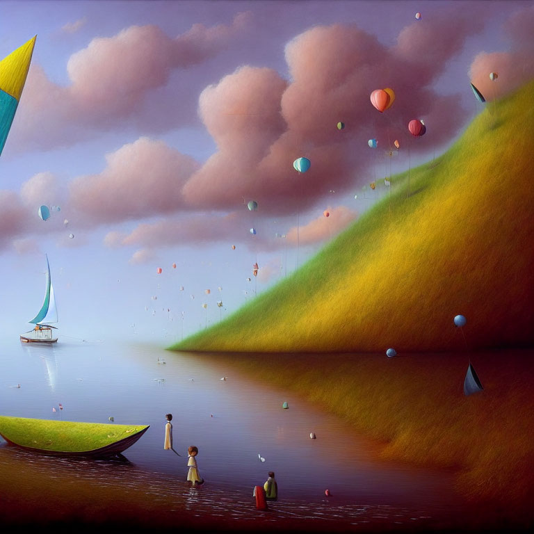 Colorful Balloons and Paper Sailboat in Surreal Landscape