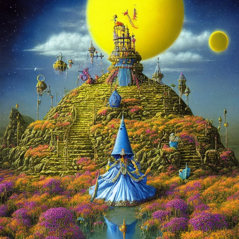 Surreal landscape with yellow moon, flowered hill, and figure in blue cloak
