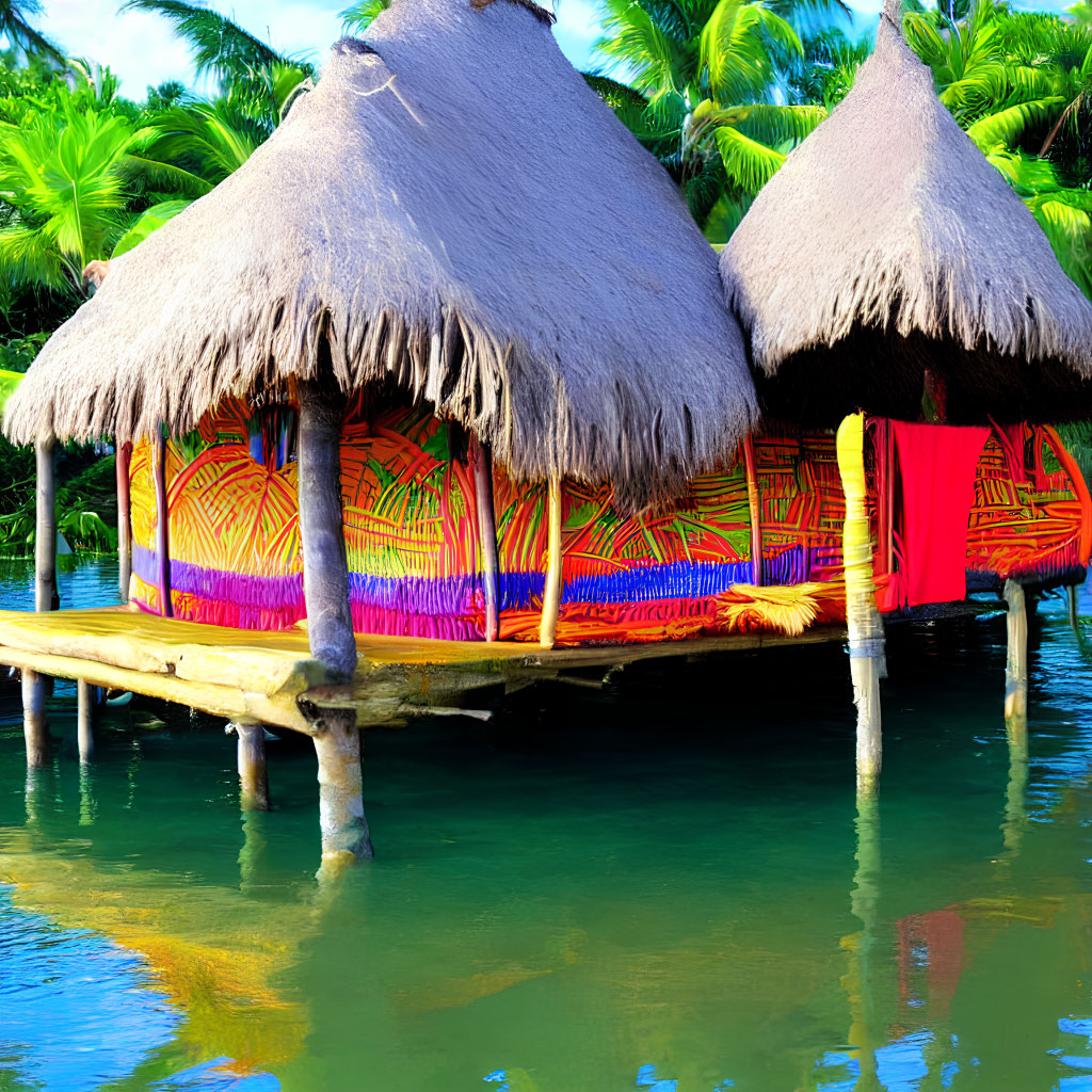 Vibrant tropical huts on stilts above clear water amid lush greenery