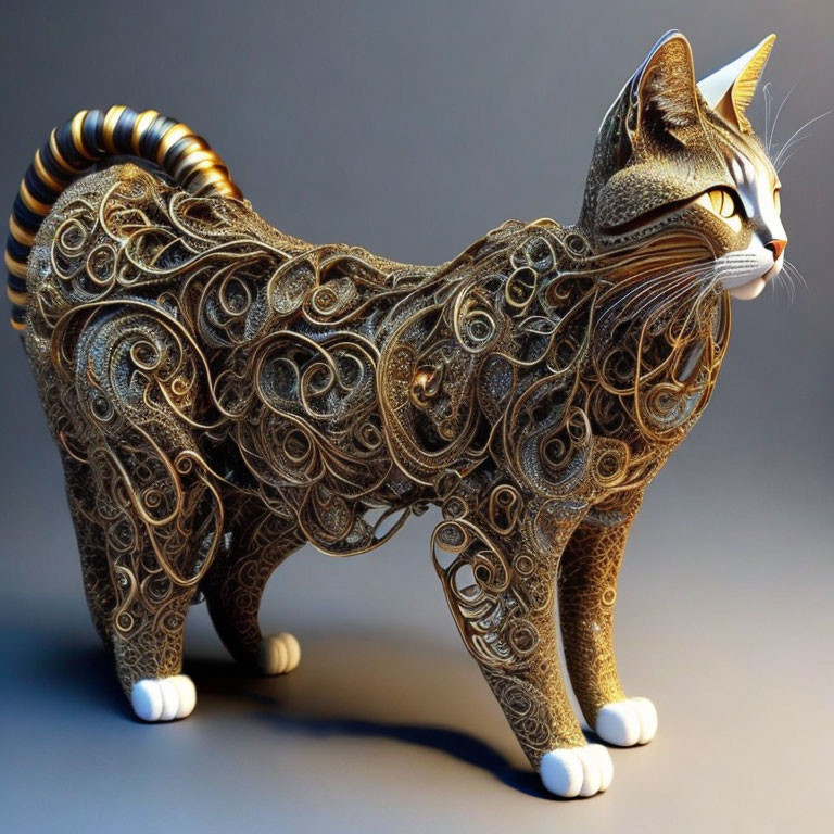 Metallic cat sculpture with golden filigree and white paws