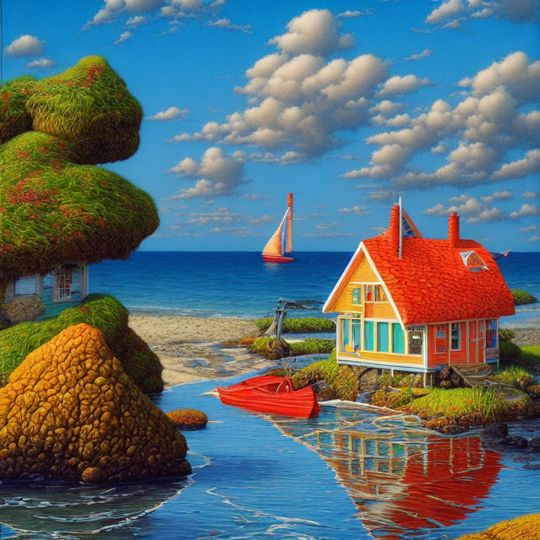 Vibrant seaside cottage with red roof by calm blue waterway and sailboats under cloudy sky.