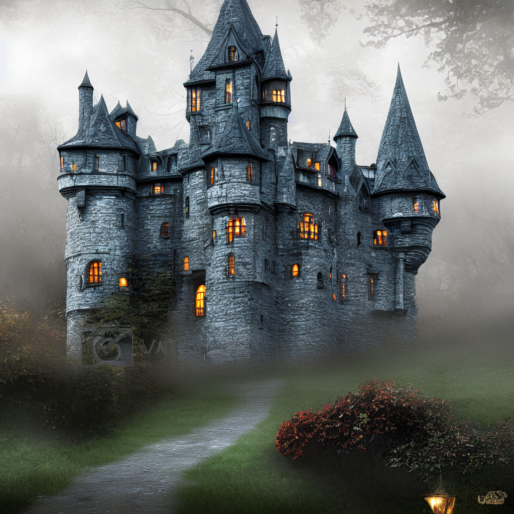 Mystical castle with spires, lit windows, mist, greenery, cobblestone path