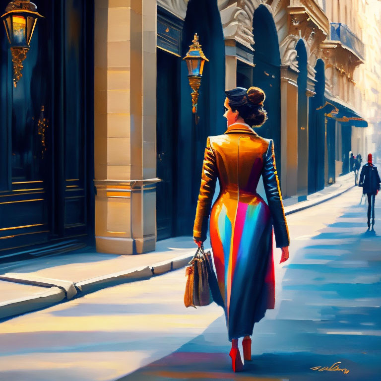 Vibrant multicolored coat woman walking in urban street with handbag