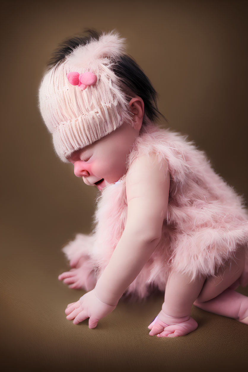 Adorable baby in pink fluffy outfit sitting on tan background