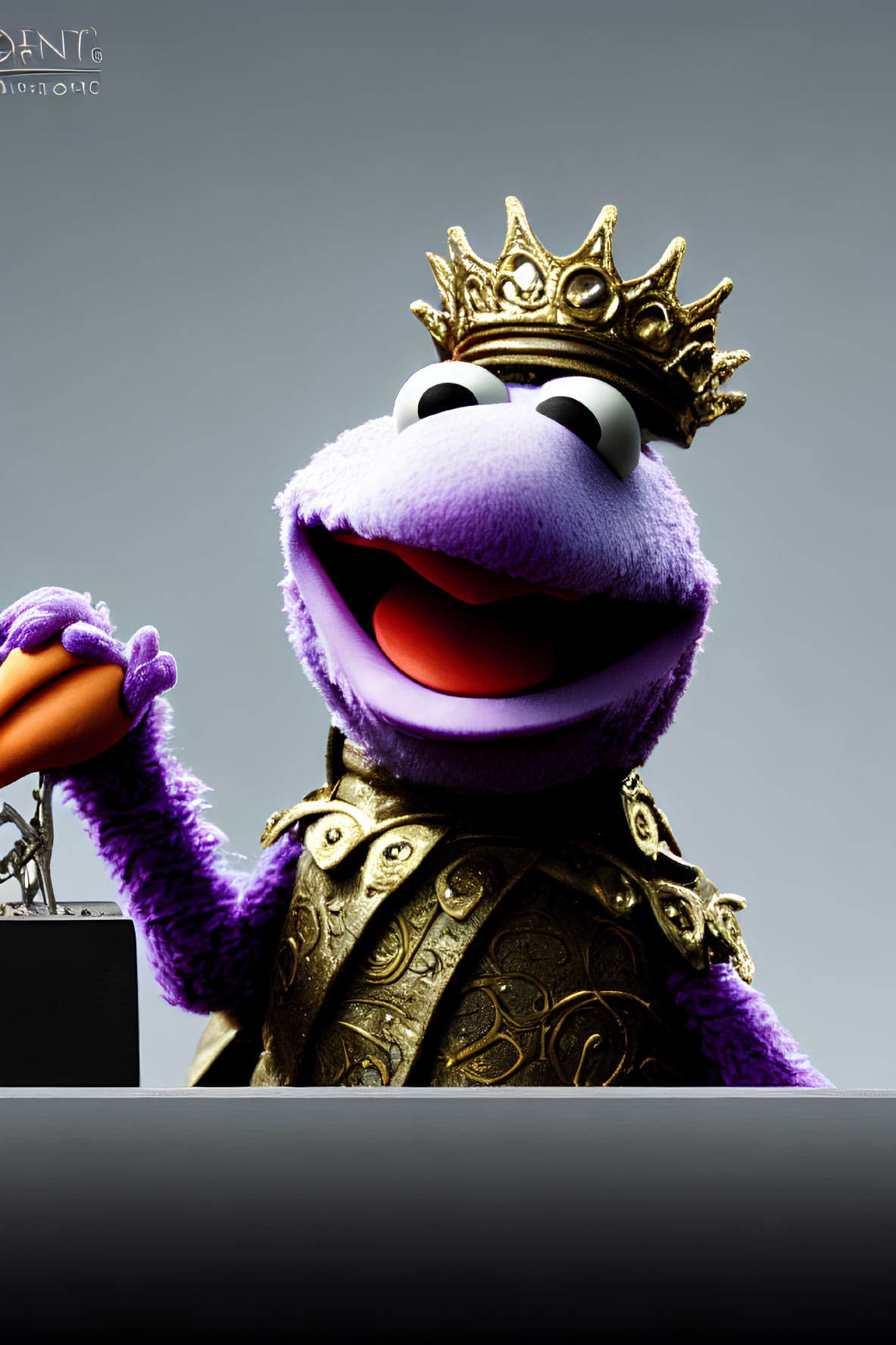 Purple King Puppet with Golden Crown and Armor on Dark Background