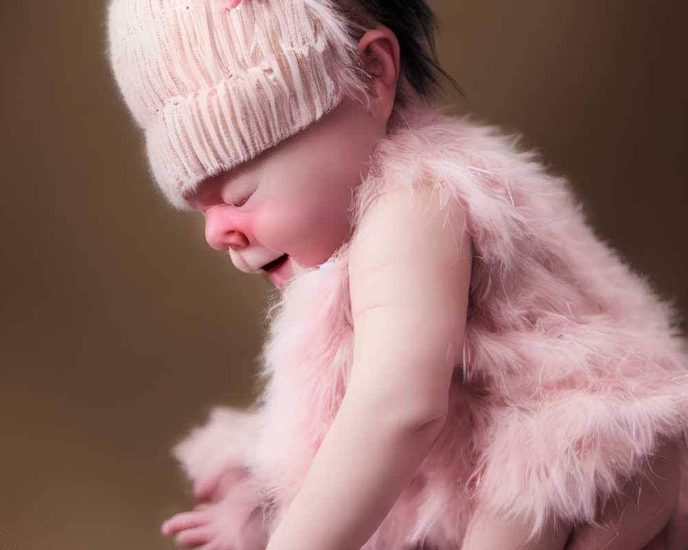 Adorable baby in pink fluffy outfit sitting on tan background
