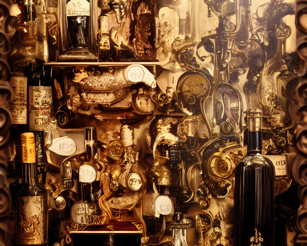 Vintage antique bottles and clocks with intricate designs on reflective backdrop