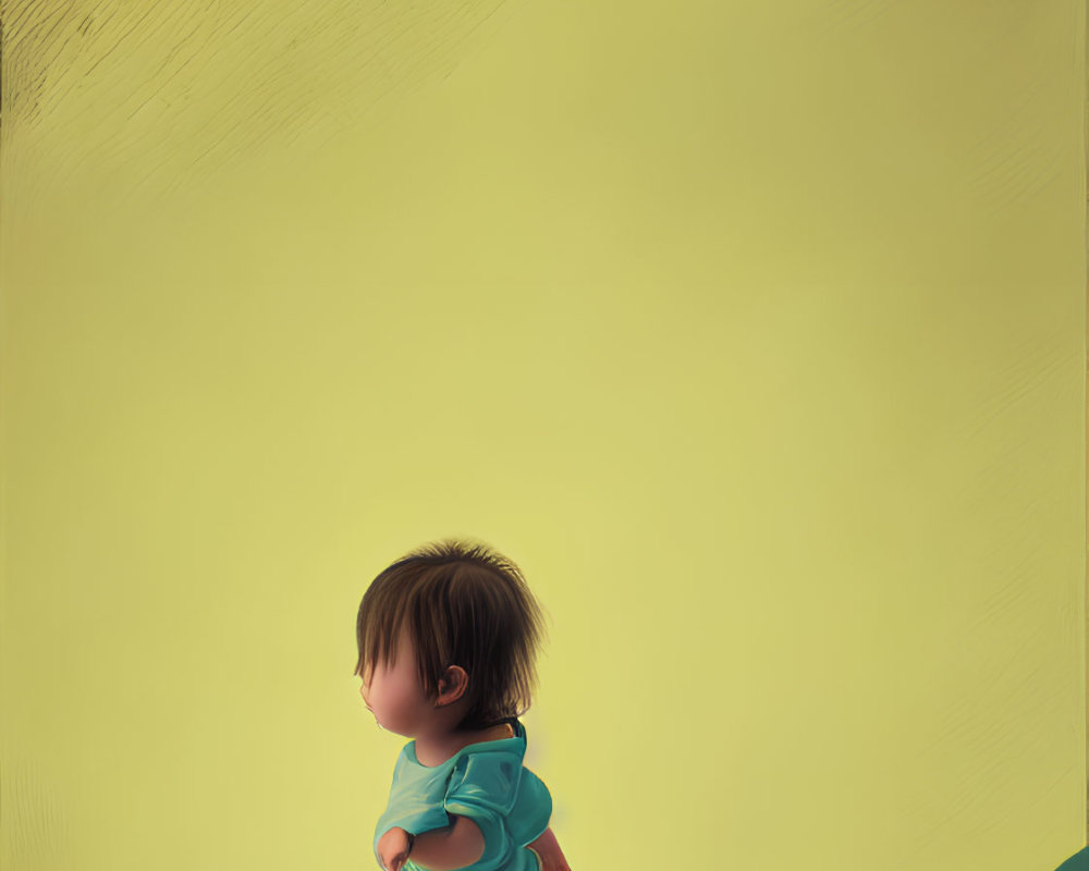 Toddler standing at shadow's edge in bright, yellow-lit space