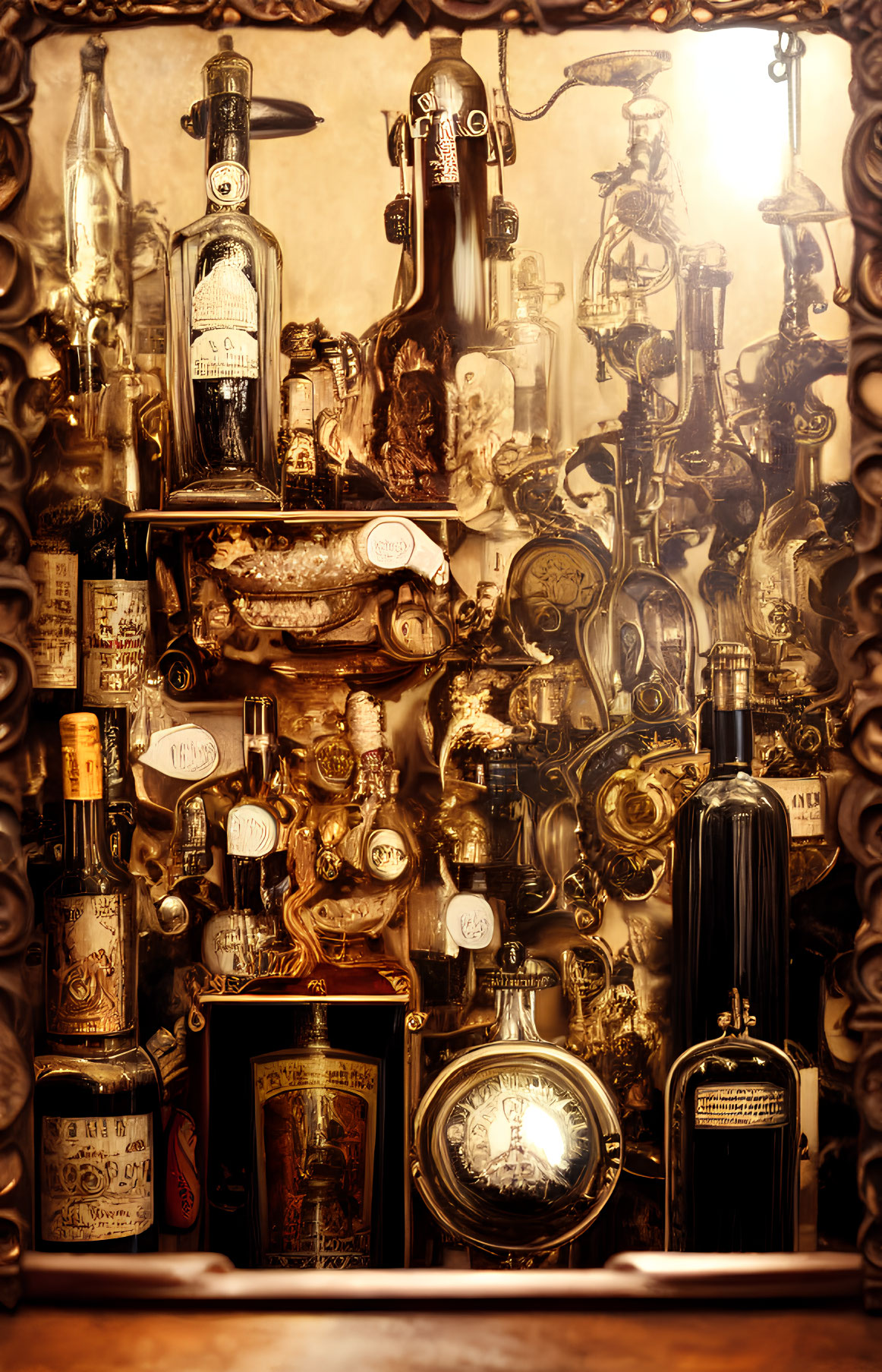 Vintage antique bottles and clocks with intricate designs on reflective backdrop
