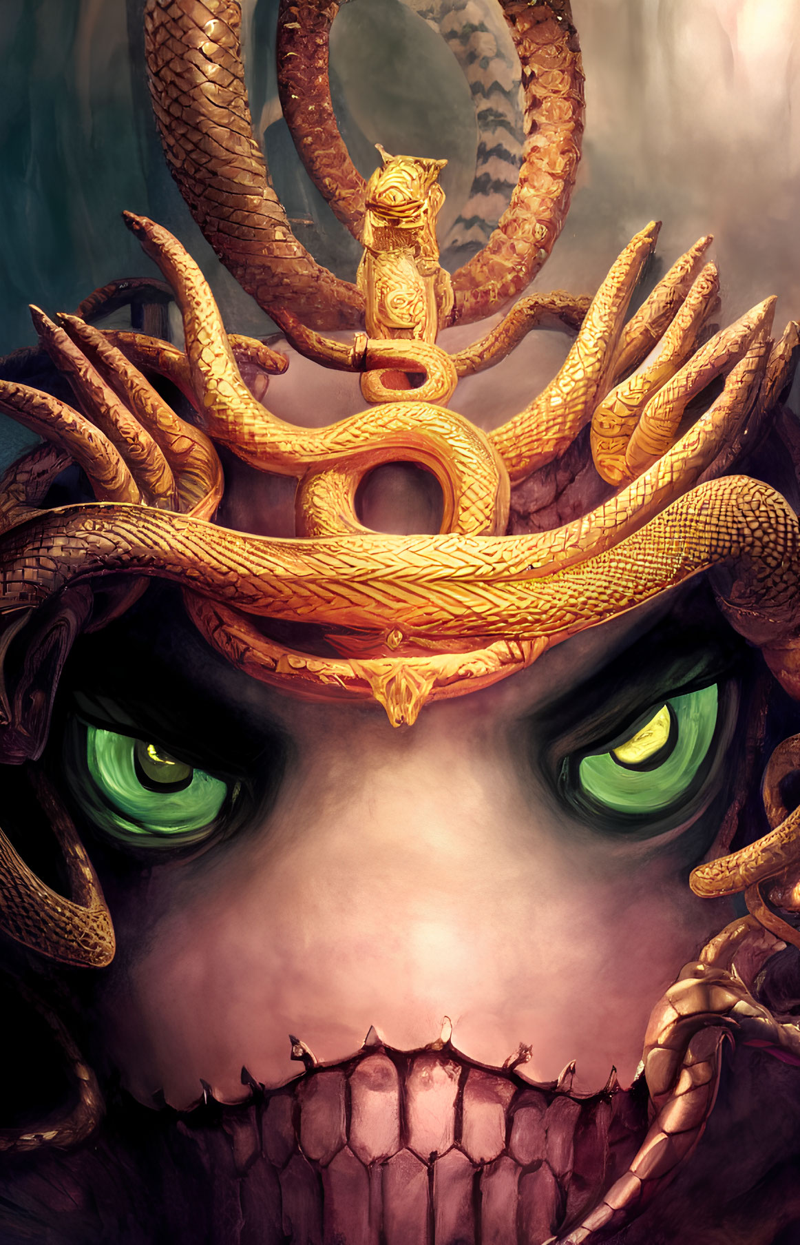 Fantasy illustration of a creature with green eyes and ornate golden crown.