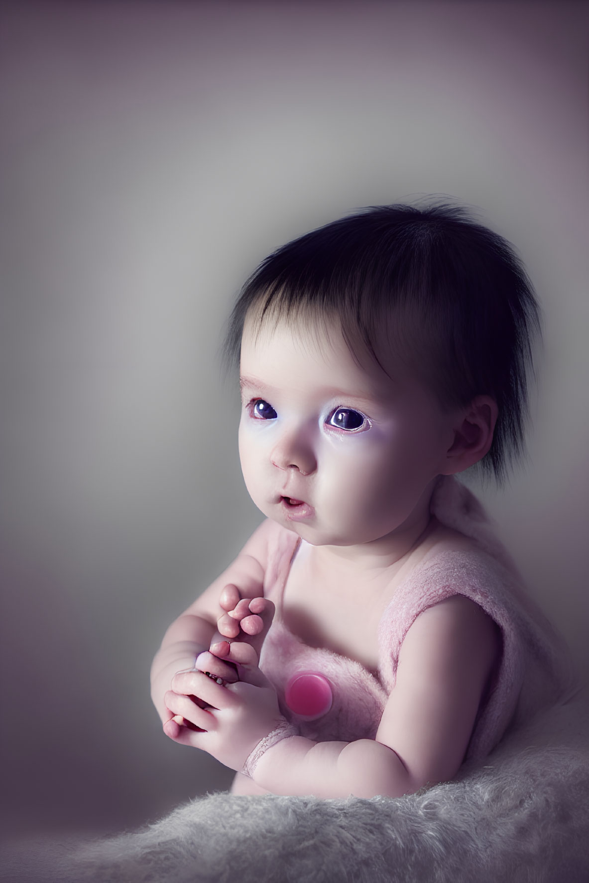 Dark-Haired Baby in Pink Attire with Big Eyes