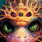 Fantasy illustration of a creature with green eyes and ornate golden crown.