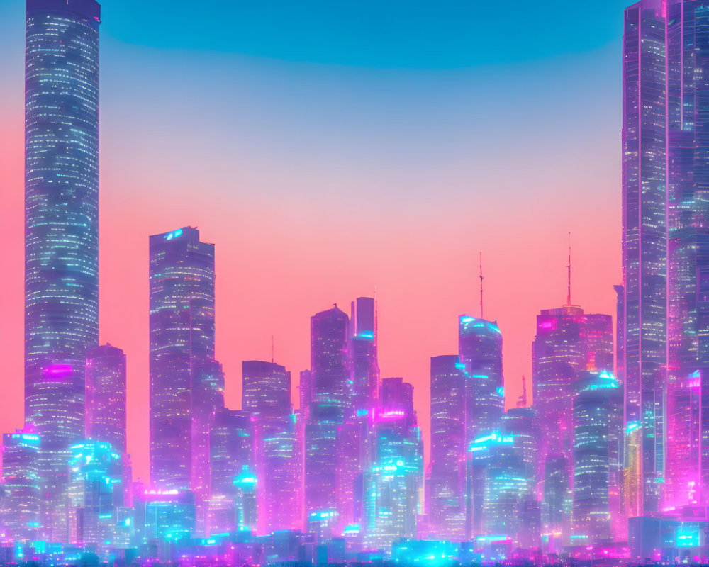 City skyline at dusk with illuminated skyscrapers against pink and blue gradient sky.