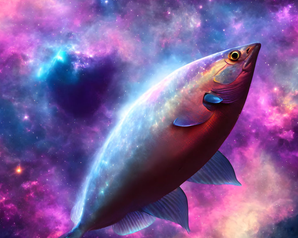 Shimmering fish on cosmic background with stars and nebulae