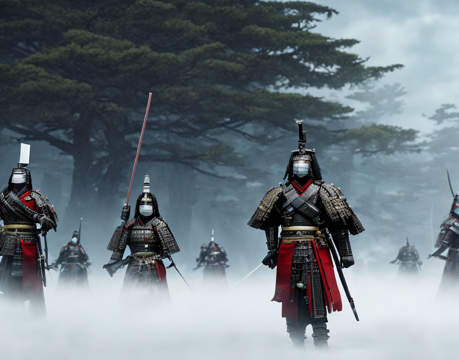 Samurai warriors in traditional armor in foggy forest with sword