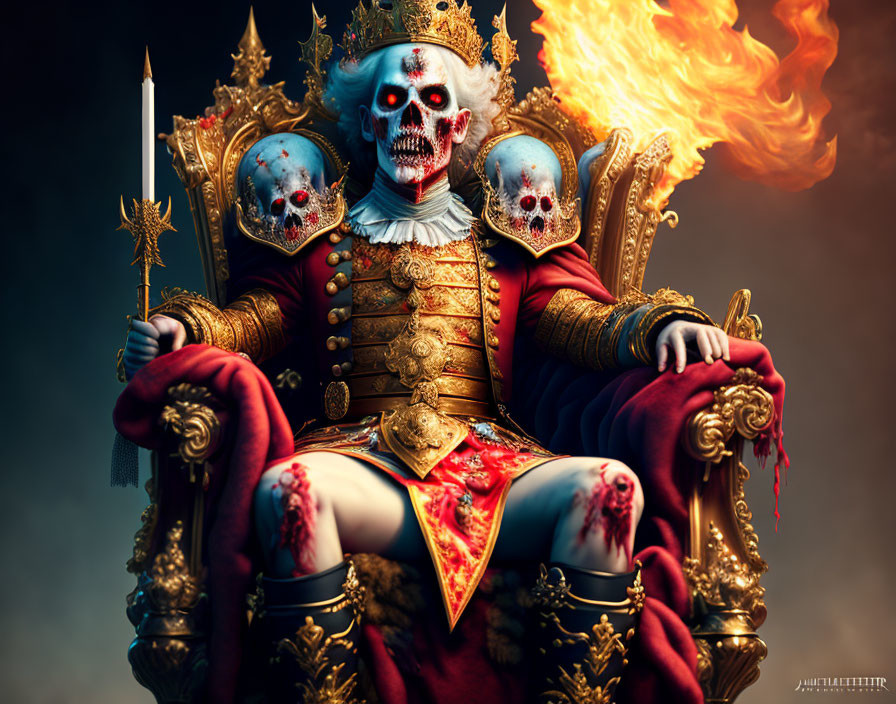Blue skull-faced skeletal figure on ornate throne with scepter and flaming torch.