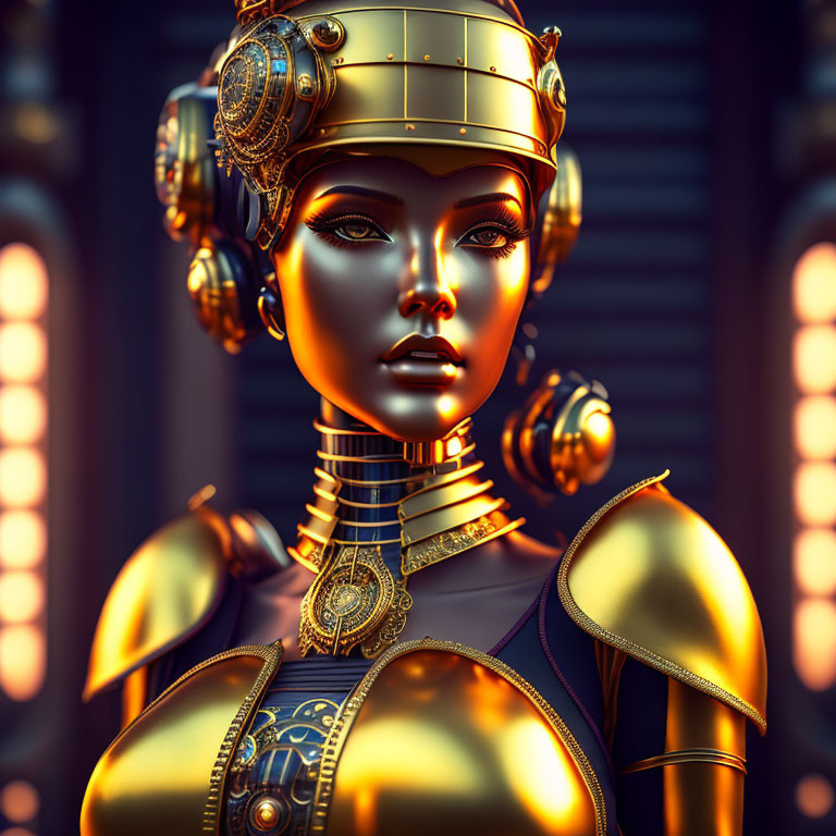 Female robot with golden armor and intricate designs on blurred background
