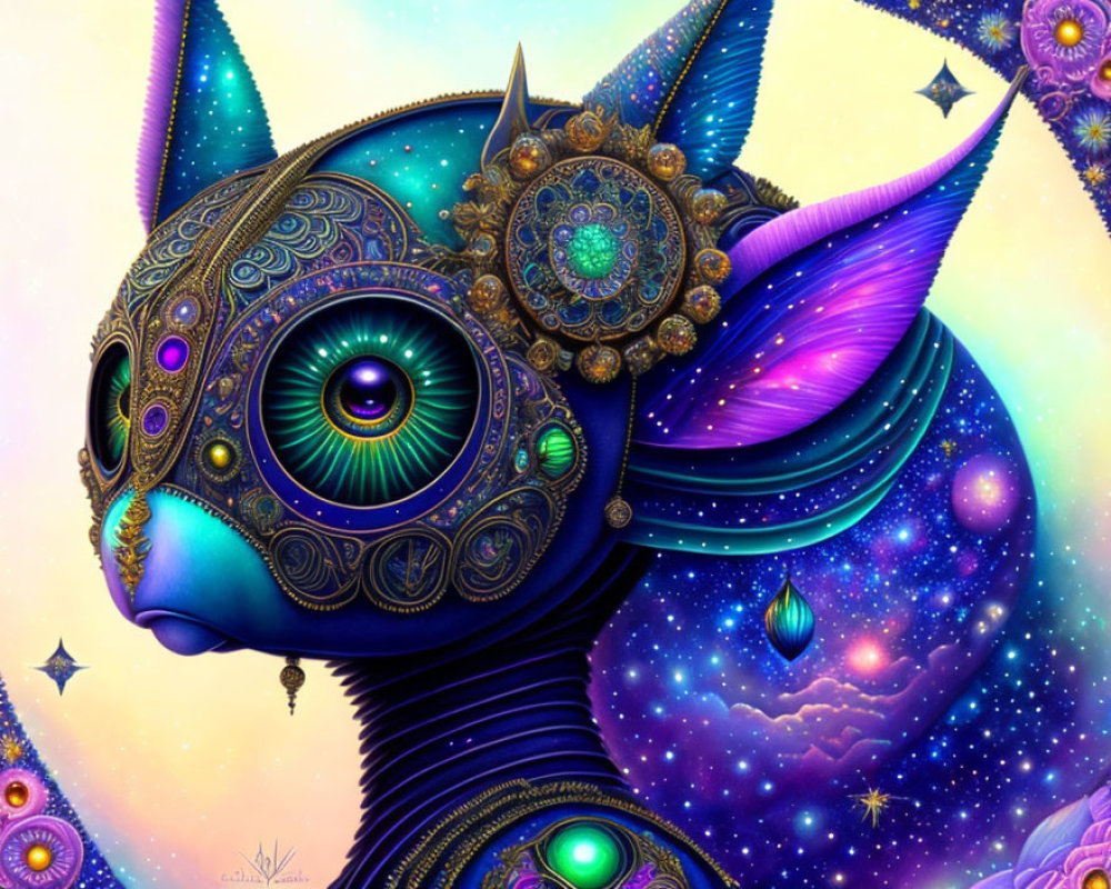 Colorful Cosmic Cat with Celestial Bodies and Geometric Patterns