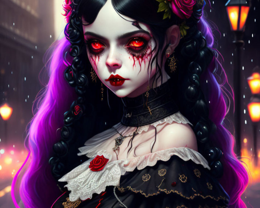 Gothic character with red eyes, black and purple hair, Victorian attire, roses, city backdrop