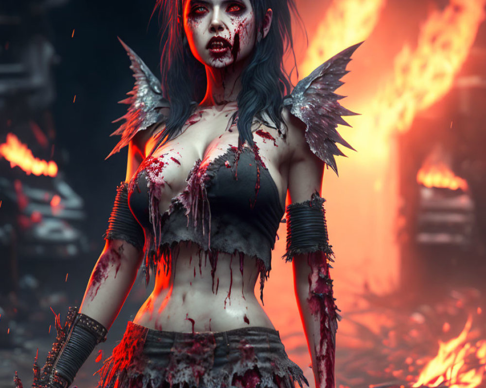 Dark-winged female figure in blood-stained scene of fire