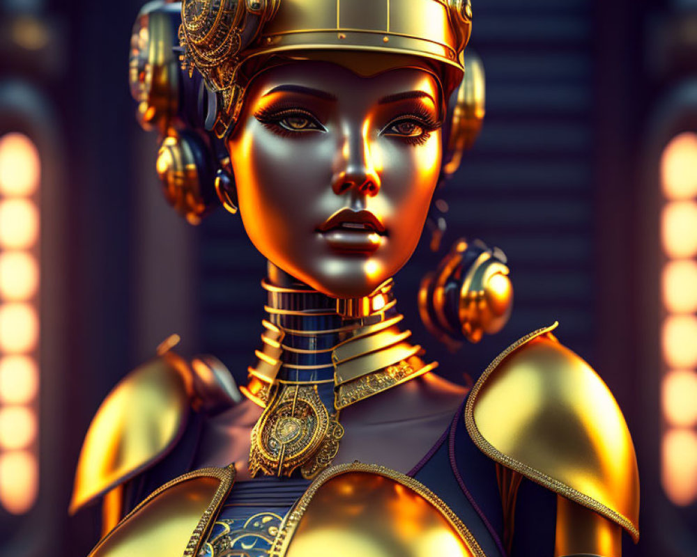 Female robot with golden armor and intricate designs on blurred background