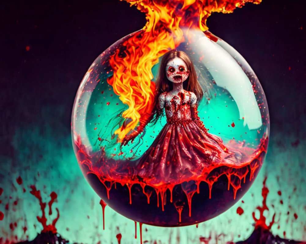 Skeletal face in red dress trapped in glass orb with swirling flames