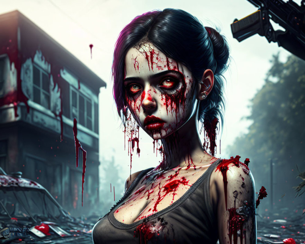 Female zombie digital artwork in post-apocalyptic urban setting with gun and destroyed cars