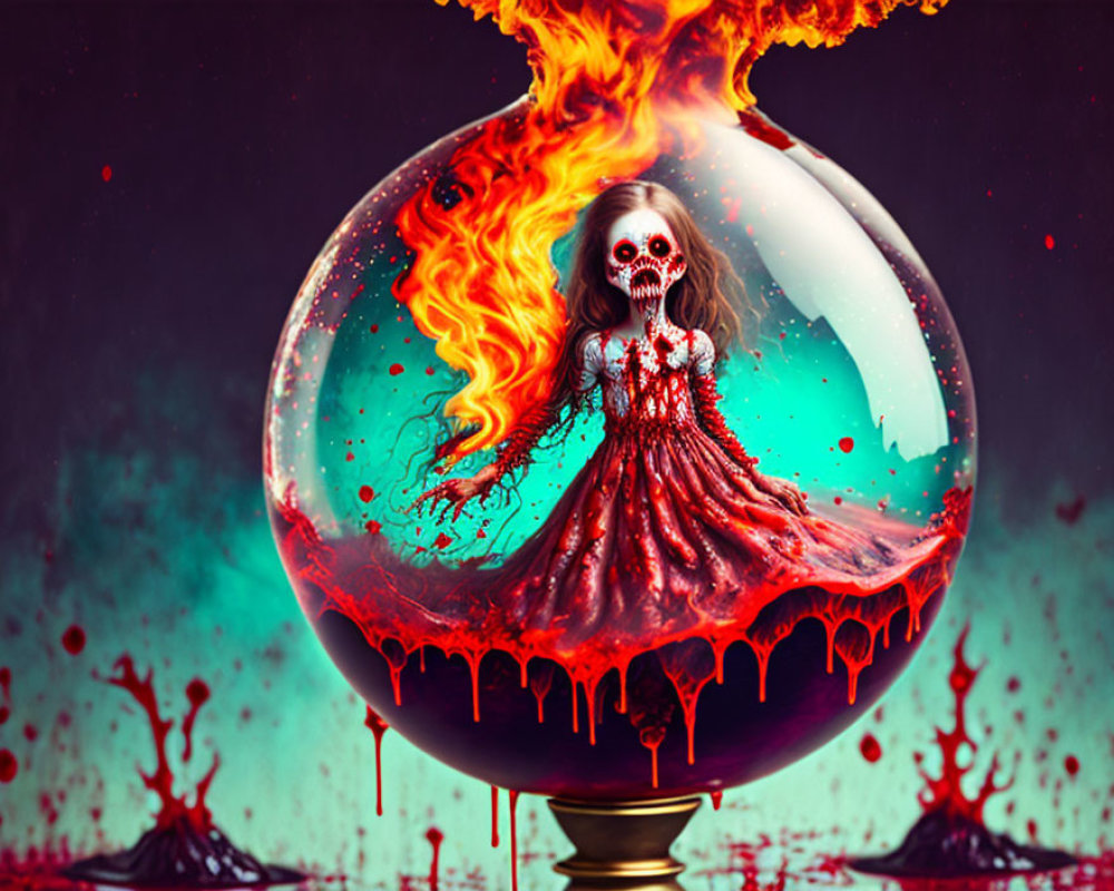 Surreal artwork: girl with skull face in globe, fiery flames, liquid splash background