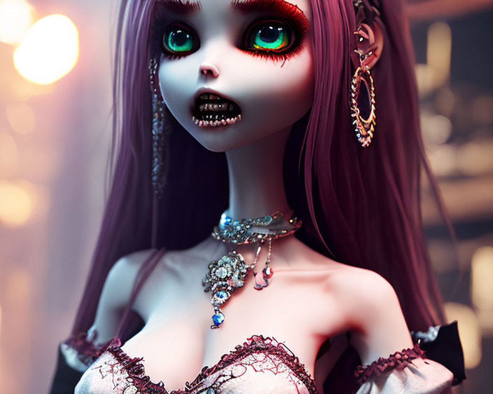 Digital artwork featuring female character with red eyes, purple hair, gothic makeup, jewelry, and ti
