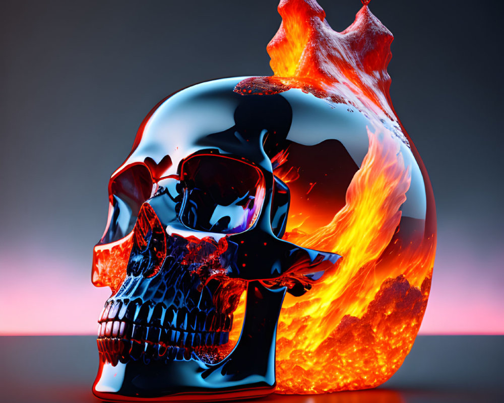 Glossy skull with lava texture on dark gradient background