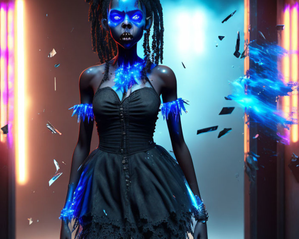 Woman with Glowing Blue Skin in Black Dress Surrounded by Blue Shards