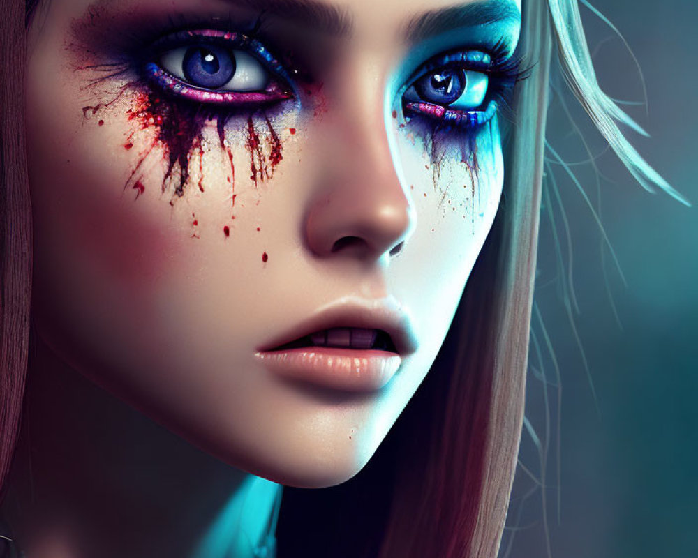 Vivid blue-eyed female portrait with dramatic purple and red makeup