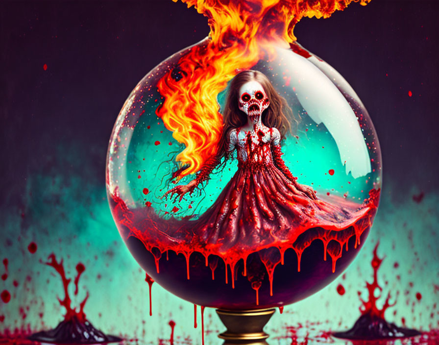 Surreal artwork: girl with skull face in globe, fiery flames, liquid splash background