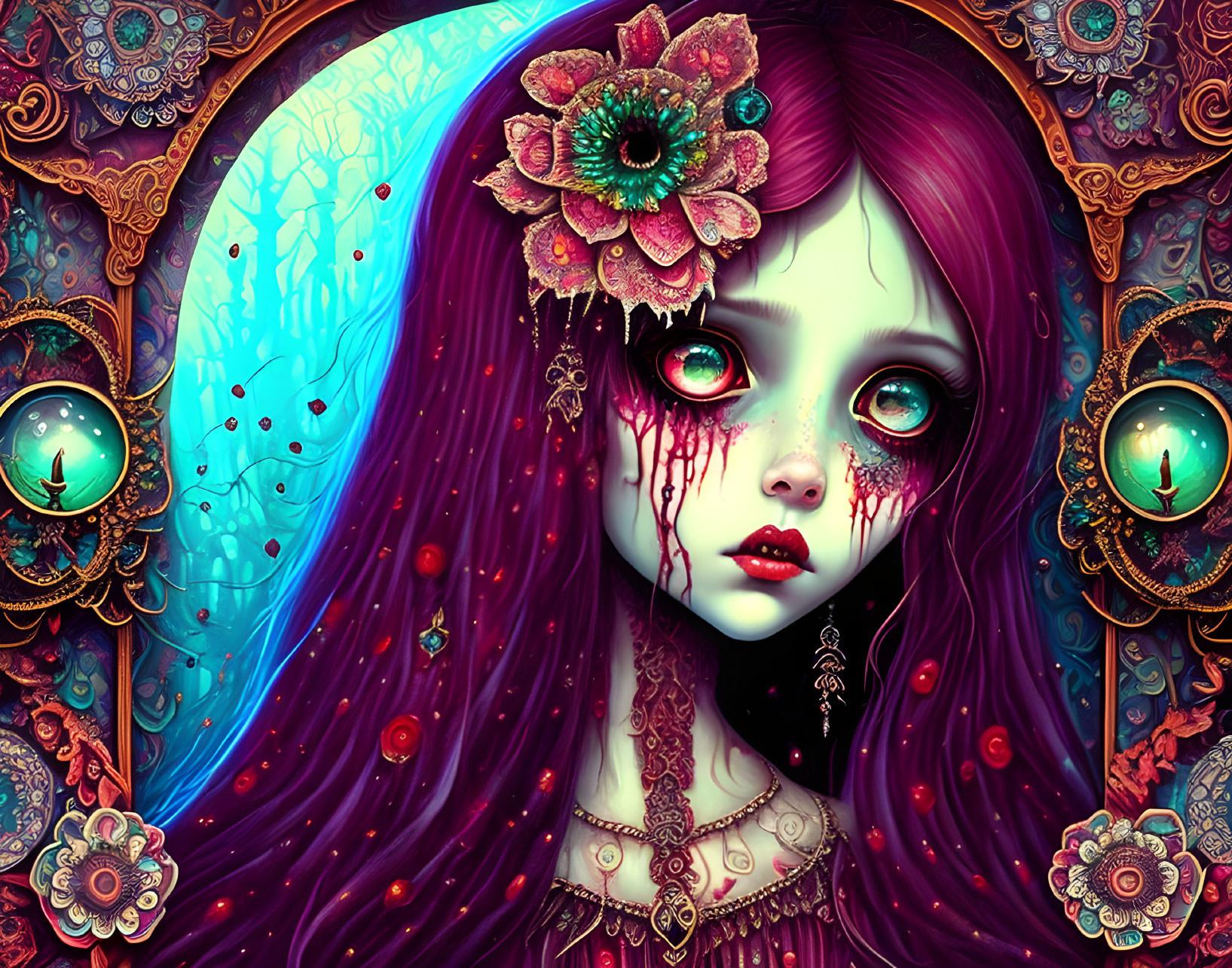 Colorful illustration of a girl with red eyes and purple hair surrounded by ornate details