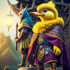 Stylized image of medieval warrior rubber duck on wooden platform