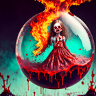 Skeletal face in red dress trapped in glass orb with swirling flames