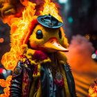 Flaming head duck character in biker attire on urban street background