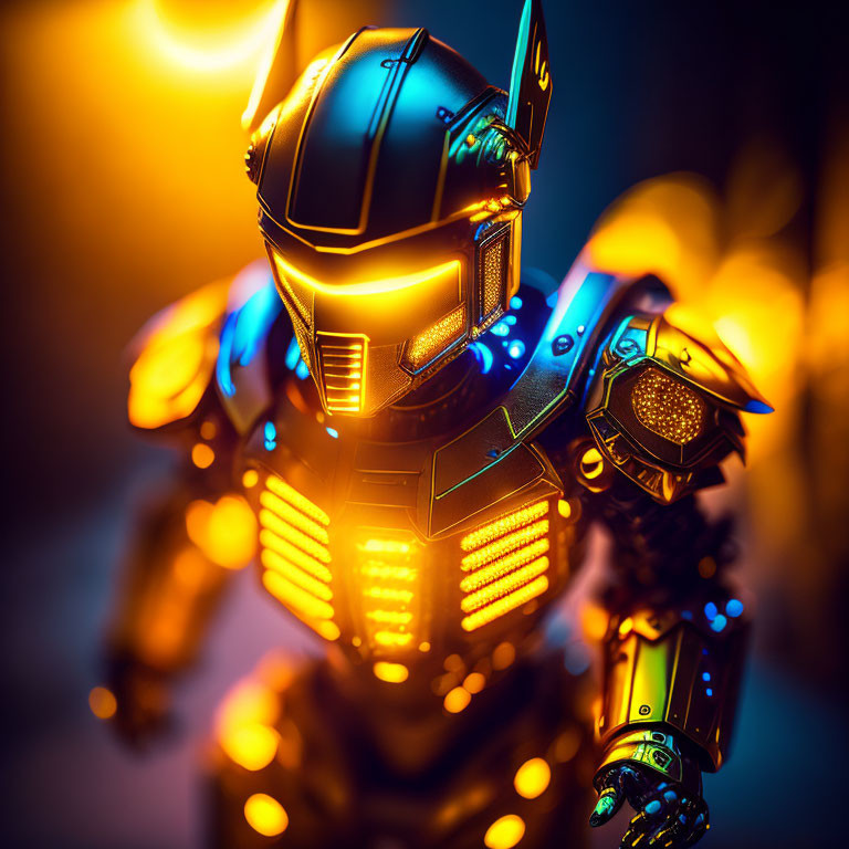 High-Tech Robotic Figure with Glowing Blue and Yellow Lights