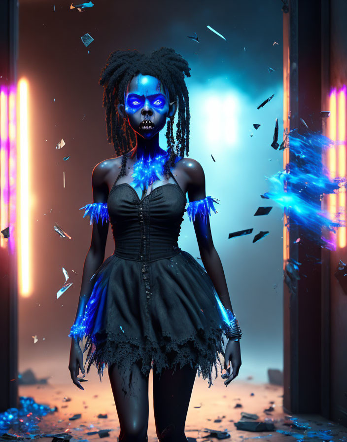 Woman with Glowing Blue Skin in Black Dress Surrounded by Blue Shards