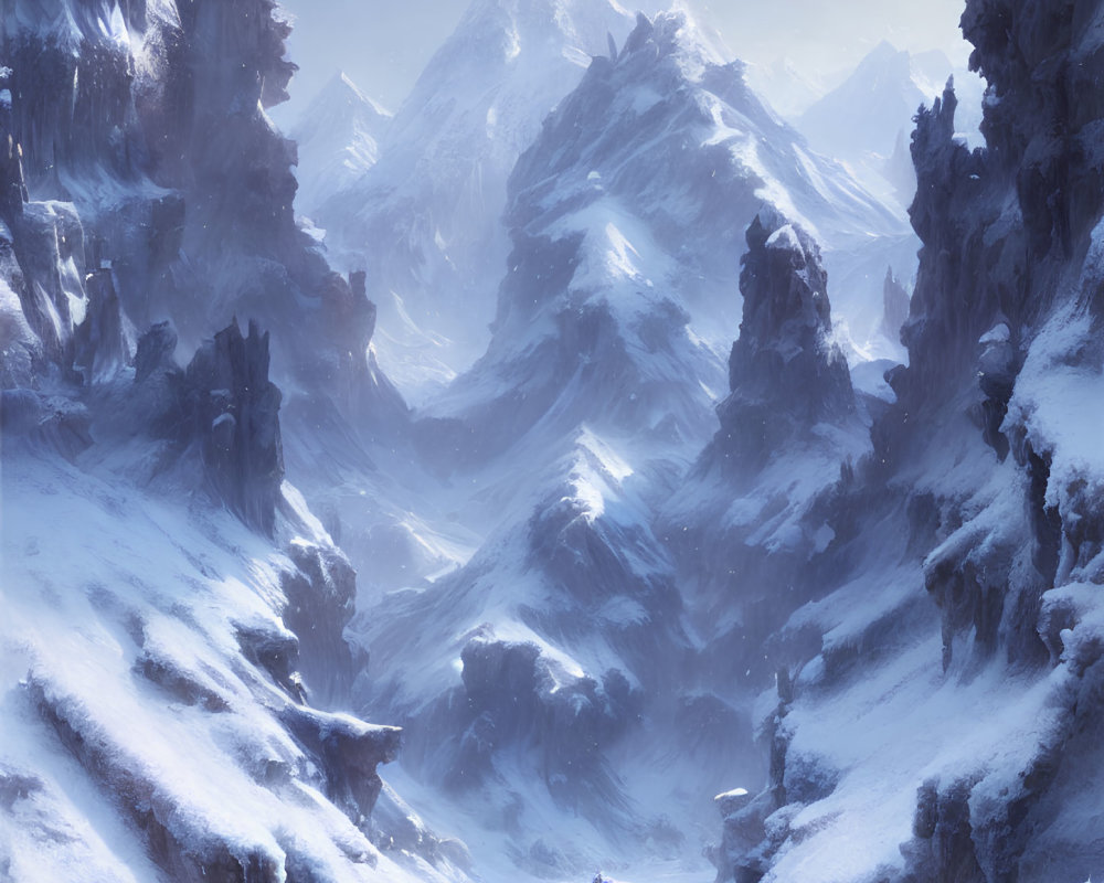 Snowy Mountain Landscape with Towering Peaks and Tiny Figure Crossing Snowscape
