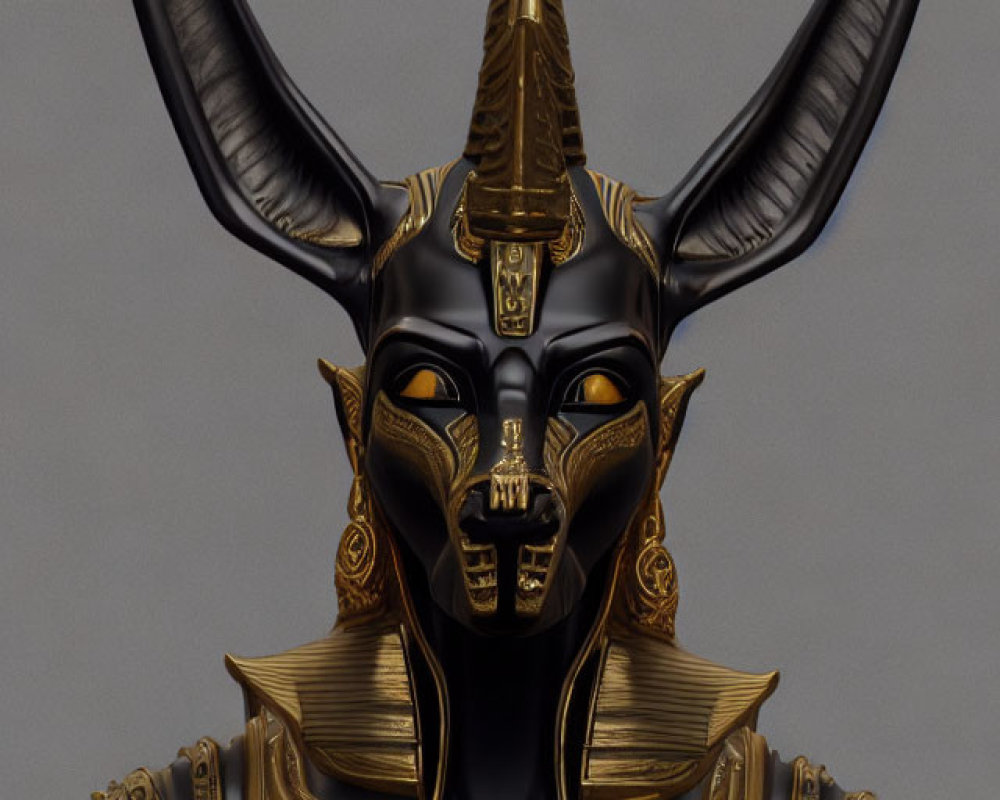 Anthropomorphic figure with black and gold Anubis-like jackal head.