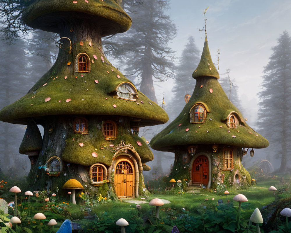 Whimsical mushroom houses in enchanted forest scene
