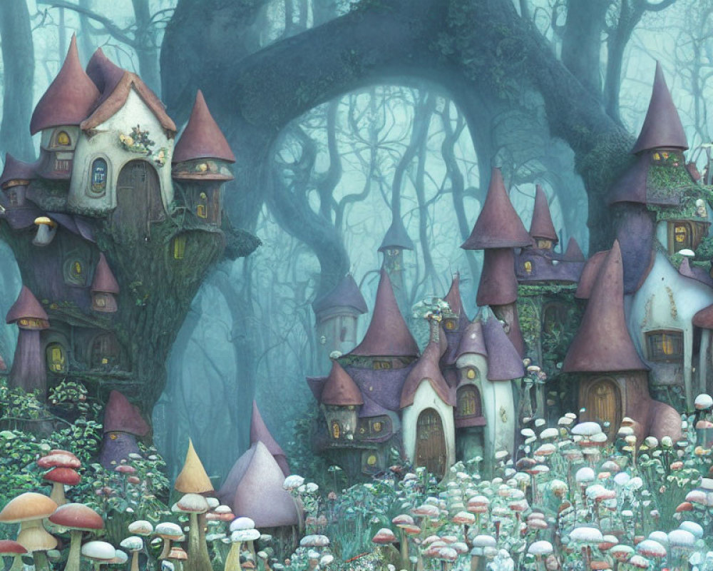 Enchanting forest scene with mushroom houses, colorful fungi, and twisted trees