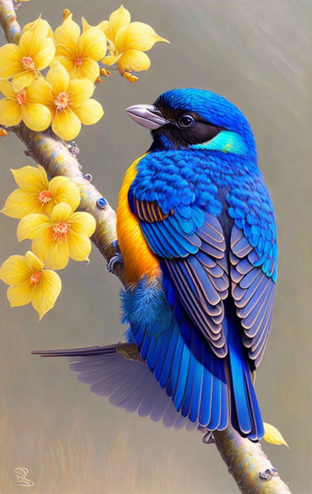 Colorful bird perched on branch with yellow flowers in soft background