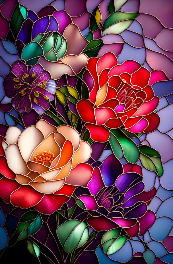 Colorful Stained Glass Art: Bouquet of Red, Purple, and Cream Flowers