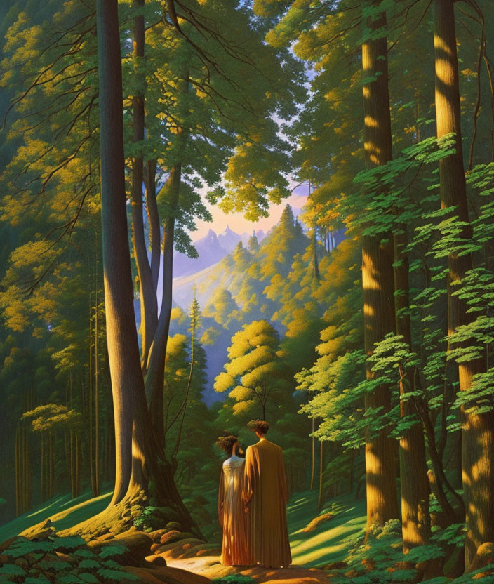 Robed Figures in Sunlit Forest Clearing with Mountain View
