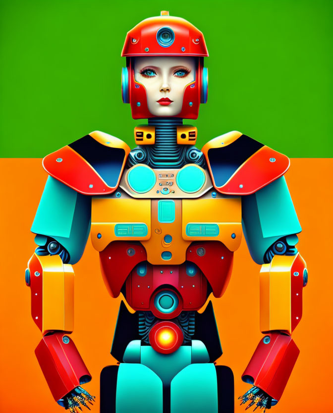 Colorful humanoid robot with red helmet and blue eyes on orange and yellow body, set against green and
